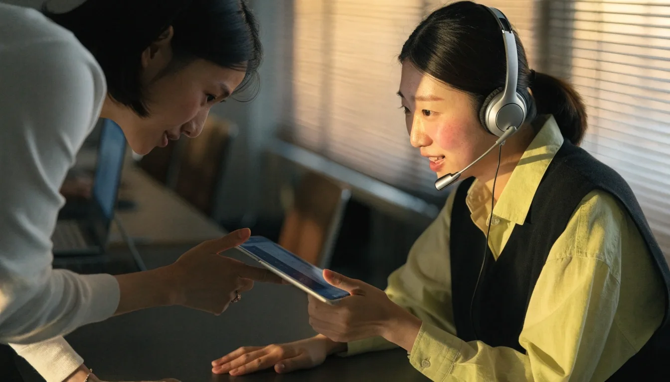서울 사무실에서 상담 담당자가 헤드셋을 쓰고 통화하며 동료와 문서를 확인하는 장면
